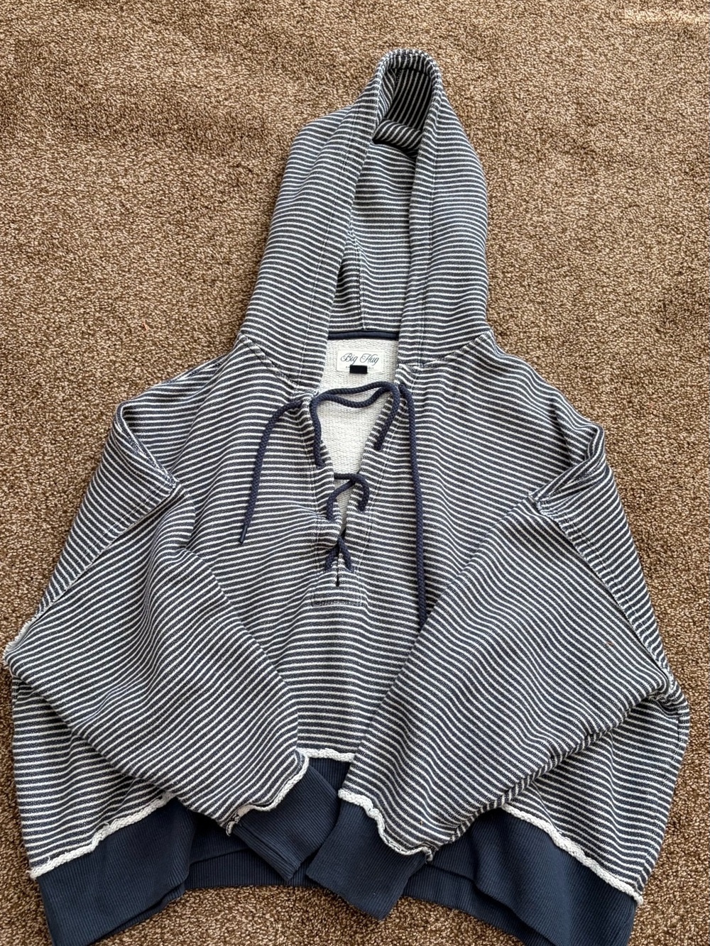American Eagle Outfitters Navy and White Striped Lace-Up Cowl Hoodie Sweater